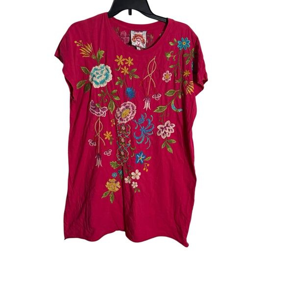 Johnny Was Tops - Johnny Was Women's Embroidered Floral Cap Sleeve Cotton Tee Pink Medium